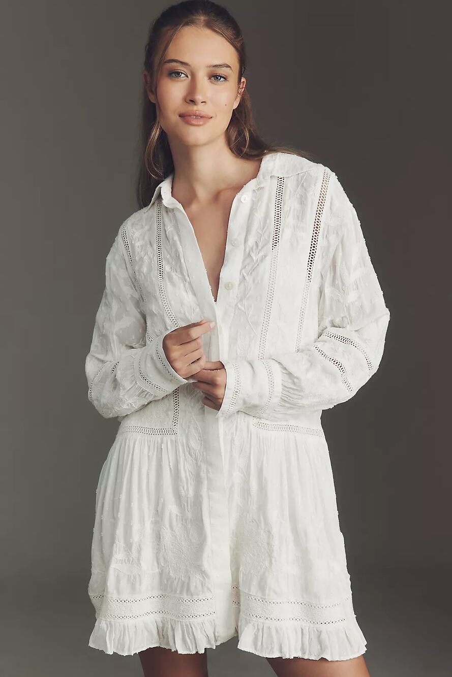 New Anthropologie Embroidered Mini Shirt Dress $158 SMALL White Long Sleeve